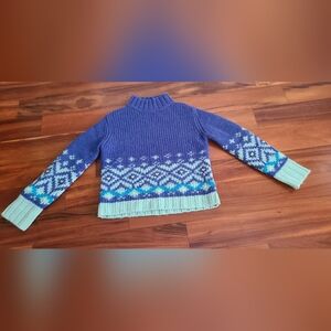 WOOL Women's Blue Patterned Knit Sweater with Mint Trim